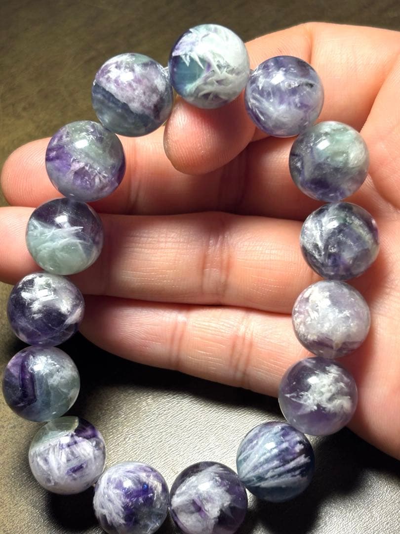 【極上】エンジェルフェザーフローライト ブレスレット14㎜新品ブルーパープル