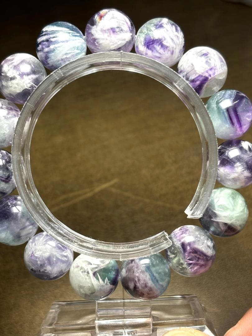 【極上】エンジェルフェザーフローライト ブレスレット14㎜新品ブルーパープル