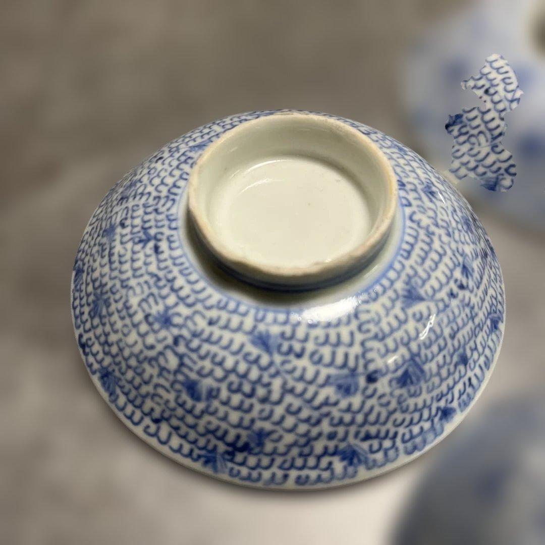 古伊万里 染付 みじん唐草文 蓋物 ペア 江戸時代後期 碗サイズ10.5×6cm