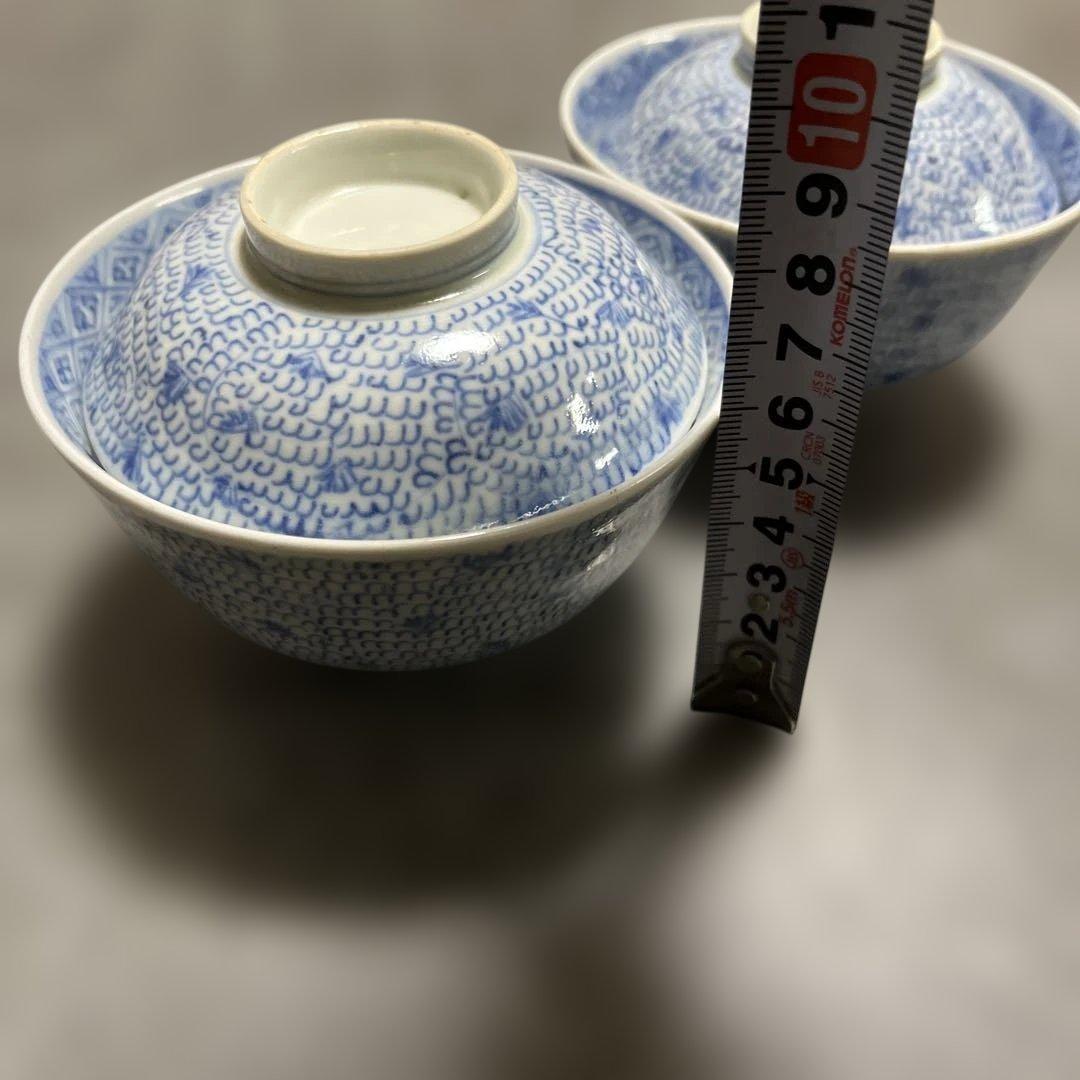 古伊万里 染付 みじん唐草文 蓋物 ペア 江戸時代後期 碗サイズ10.5×6cm