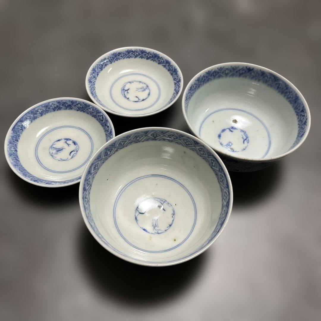 古伊万里 染付 みじん唐草文 蓋物 ペア 江戸時代後期 碗サイズ10.5×6cm
