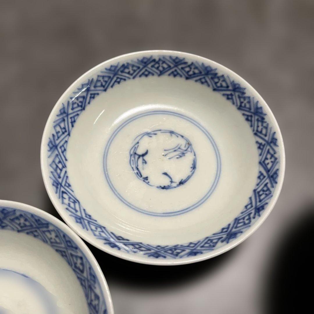 古伊万里 染付 みじん唐草文 蓋物 ペア 江戸時代後期 碗サイズ10.5×6cm