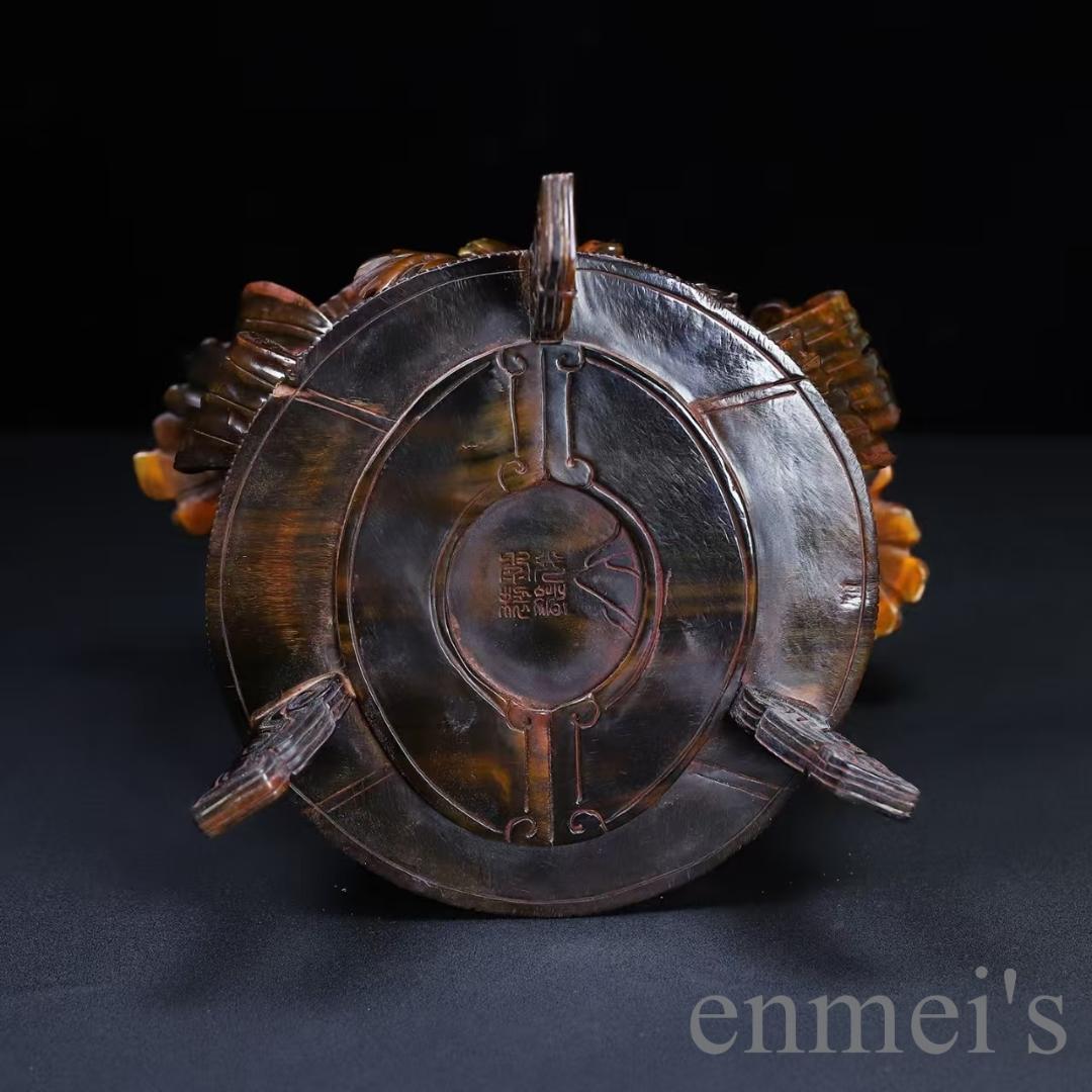 中国古美術『珍藏 牛角彫刻 蓮花観音像置物』仏教工芸 手彫り 細工 古玩 古美味