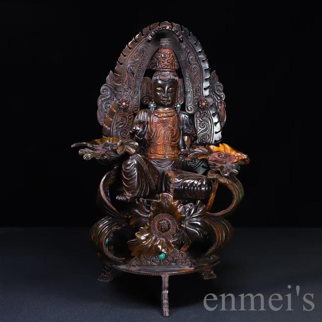 中国古美術『珍藏 牛角彫刻 蓮花観音像置物』仏教工芸 手彫り 細工 古玩 古美味