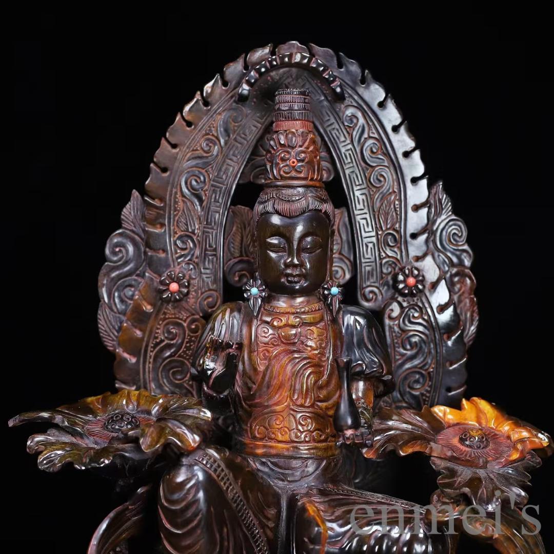 中国古美術『珍藏 牛角彫刻 蓮花観音像置物』仏教工芸 手彫り 細工 古玩 古美味