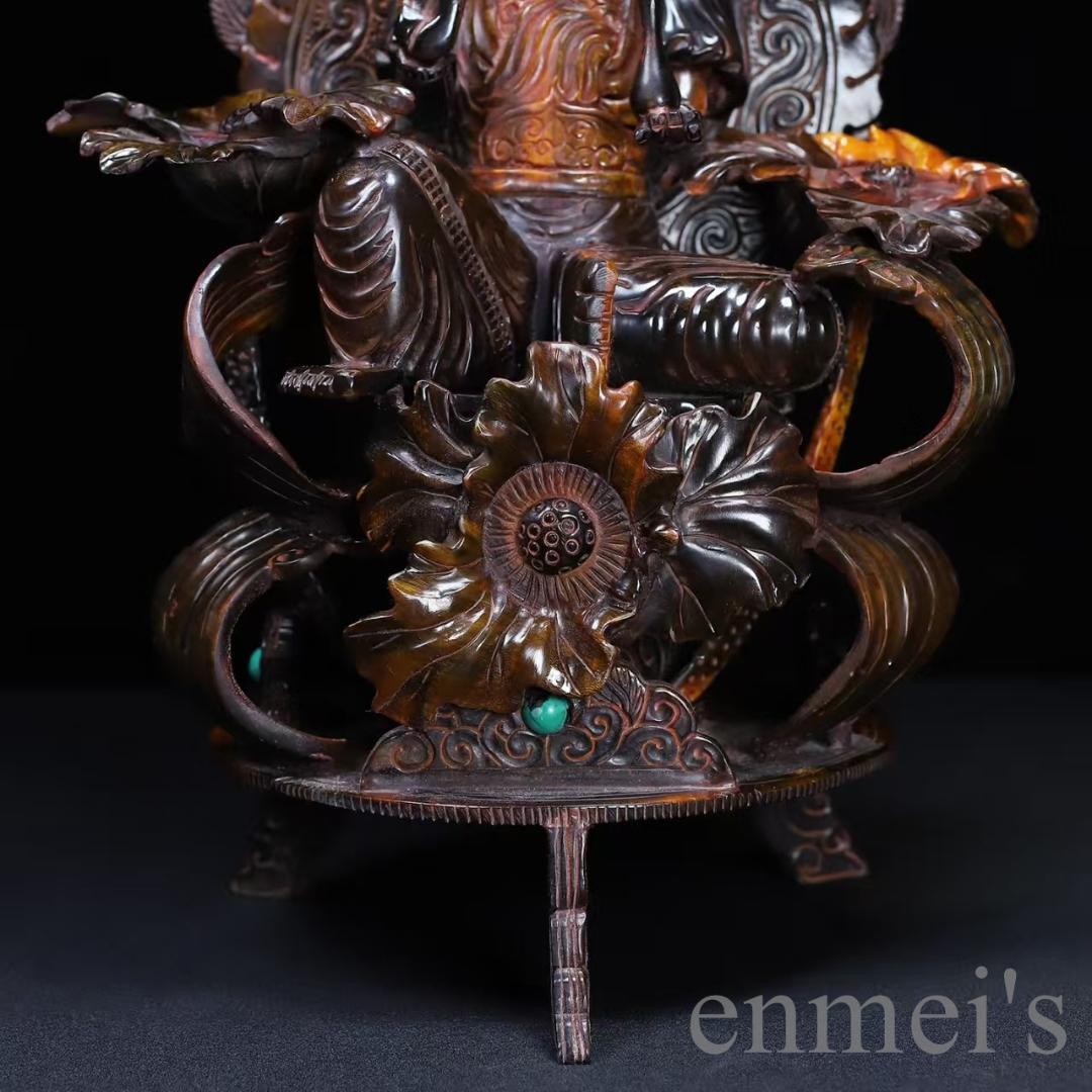 中国古美術『珍藏 牛角彫刻 蓮花観音像置物』仏教工芸 手彫り 細工 古玩 古美味