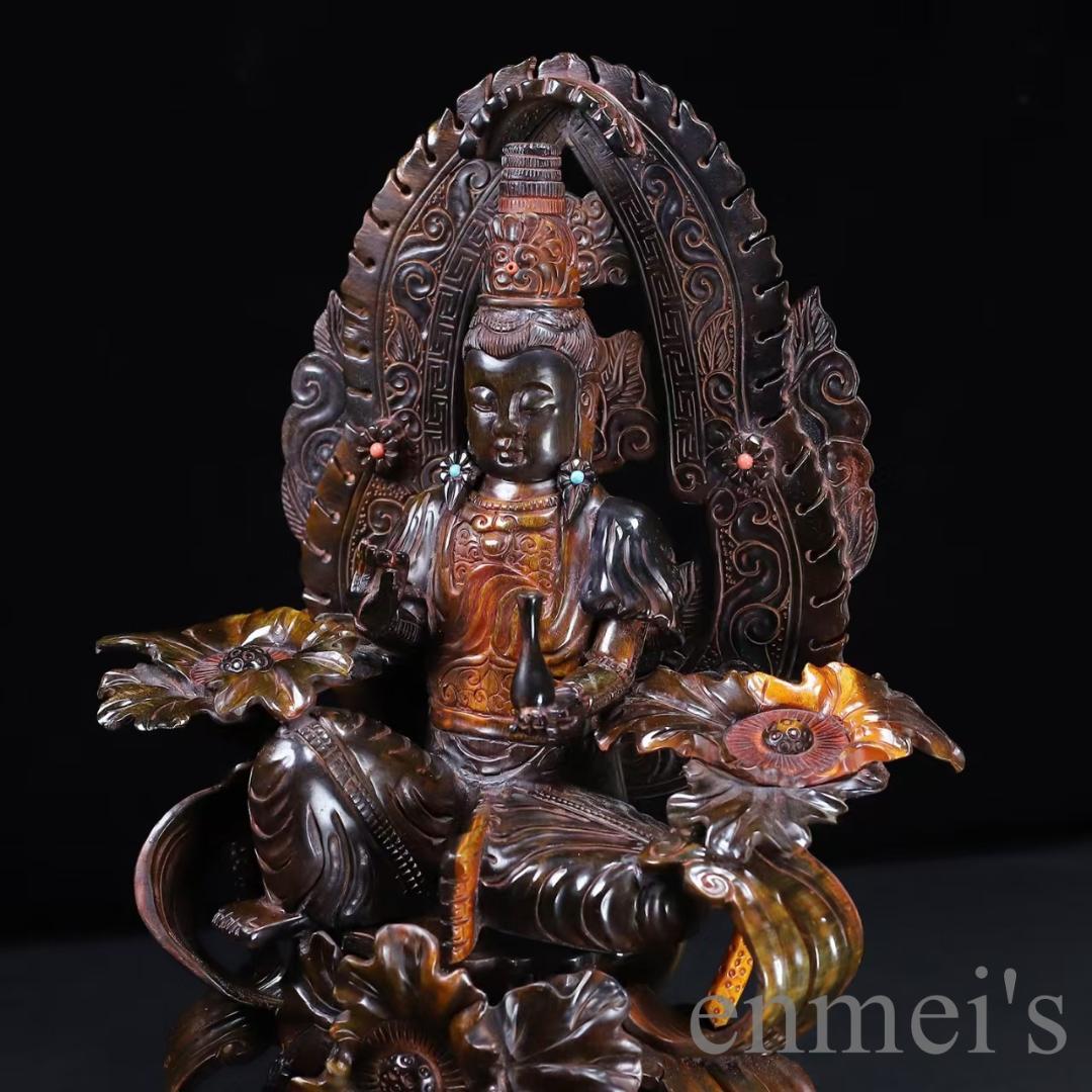 中国古美術『珍藏 牛角彫刻 蓮花観音像置物』仏教工芸 手彫り 細工 古玩 古美味