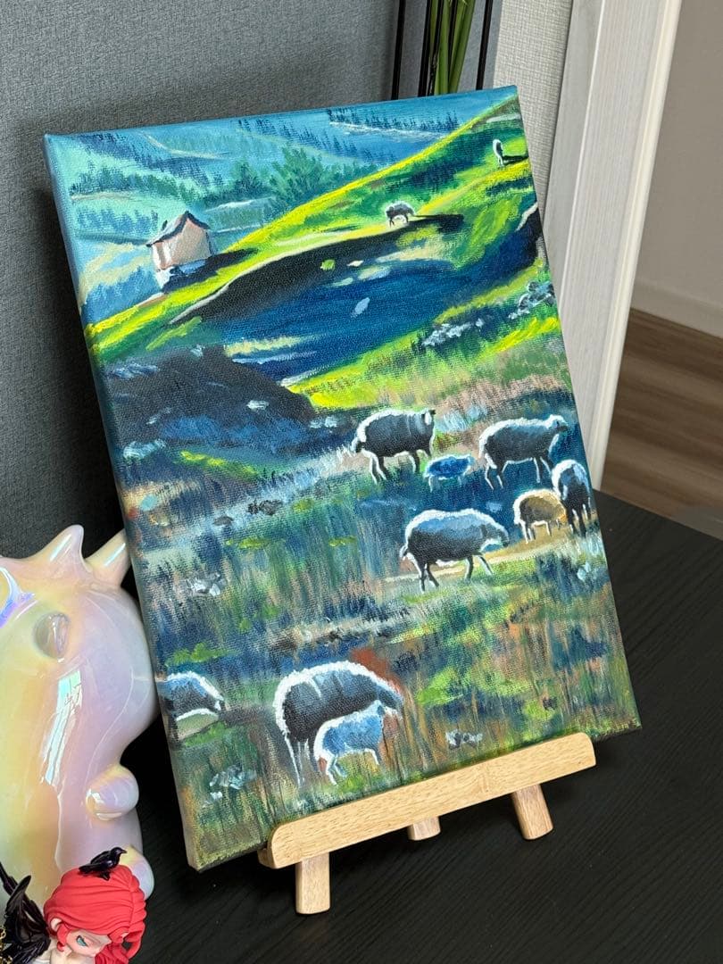 「故郷の羊」　手描き　油絵　風景画　原画　油彩画　印象派
