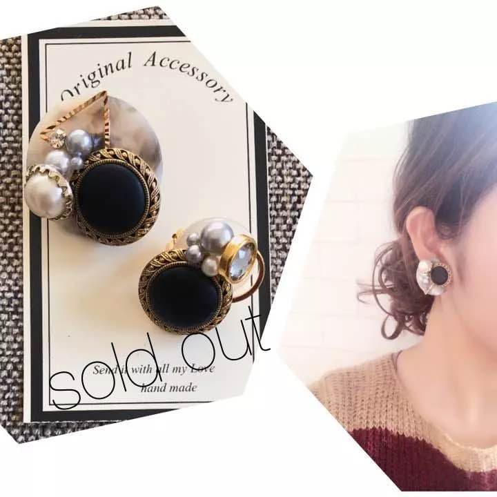 060☻ハンドメイド*アンティークボタン 大理石風 パール クリップ イヤーカフ