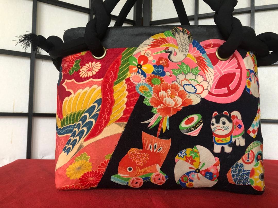 一閑張り　一閑張りバック　正絹古布錦紗　藍染　正絹古布犬張子　狛犬　可愛い