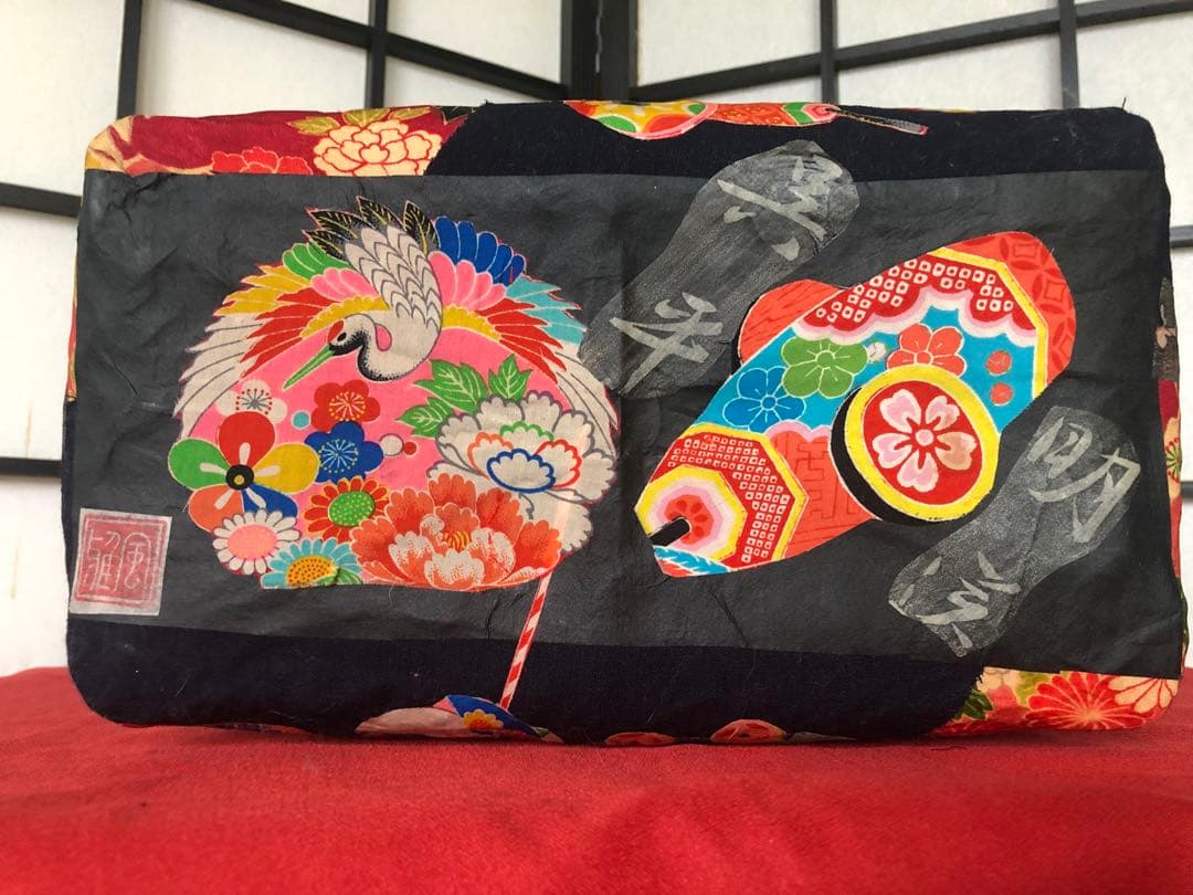 一閑張り　一閑張りバック　正絹古布錦紗　藍染　正絹古布犬張子　狛犬　可愛い