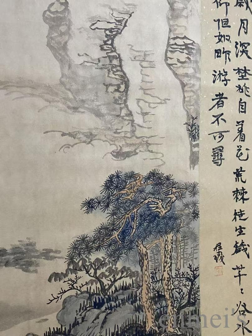 中国古美術『王原祁款 山水画』宣紙 三尺中堂画 表装済 卷物 水墨画 旧蔵 模写