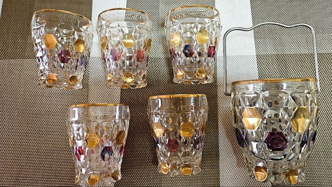 手作りステンドグラス風 ガラス製グラス 5客 と アイスペール のセット