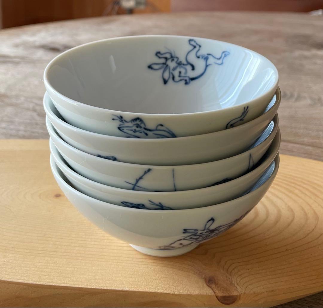 染付 鳥獣戯画 ごはん茶碗5こ