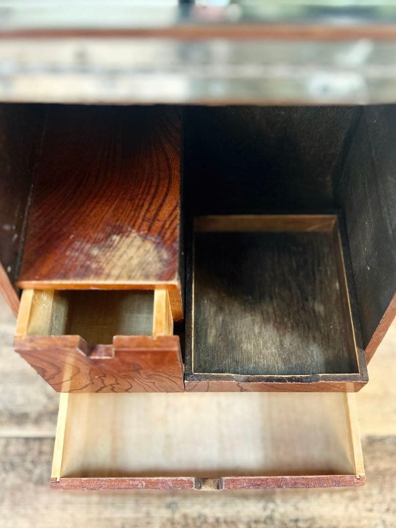 昭和レトロ 鏡付き 木製 化粧箱 ミニ鏡台 裁縫箱 薬箱 段付き収納 古道具