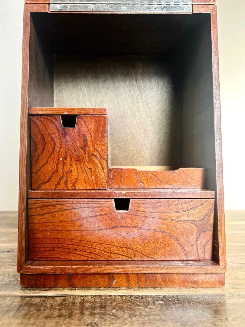 昭和レトロ 鏡付き 木製 化粧箱 ミニ鏡台 裁縫箱 薬箱 段付き収納 古道具