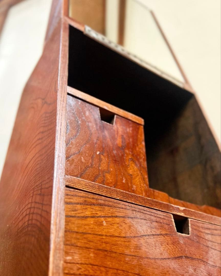 昭和レトロ 鏡付き 木製 化粧箱 ミニ鏡台 裁縫箱 薬箱 段付き収納 古道具