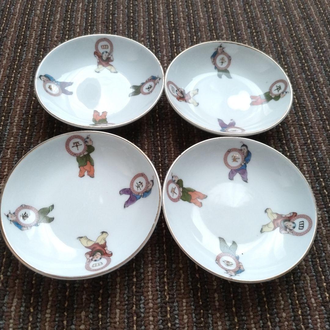 【美品】中国醴陵　「四季平安」唐子／童子　醤油皿　４枚セット