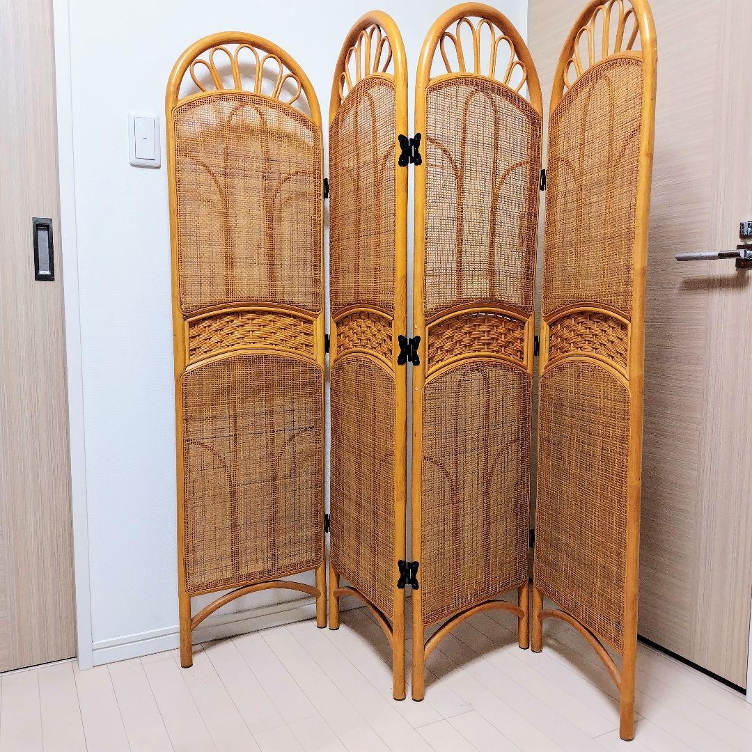 【たのメル便利用】籐 ラタン パーテーション 4連間仕切り 籐衝立