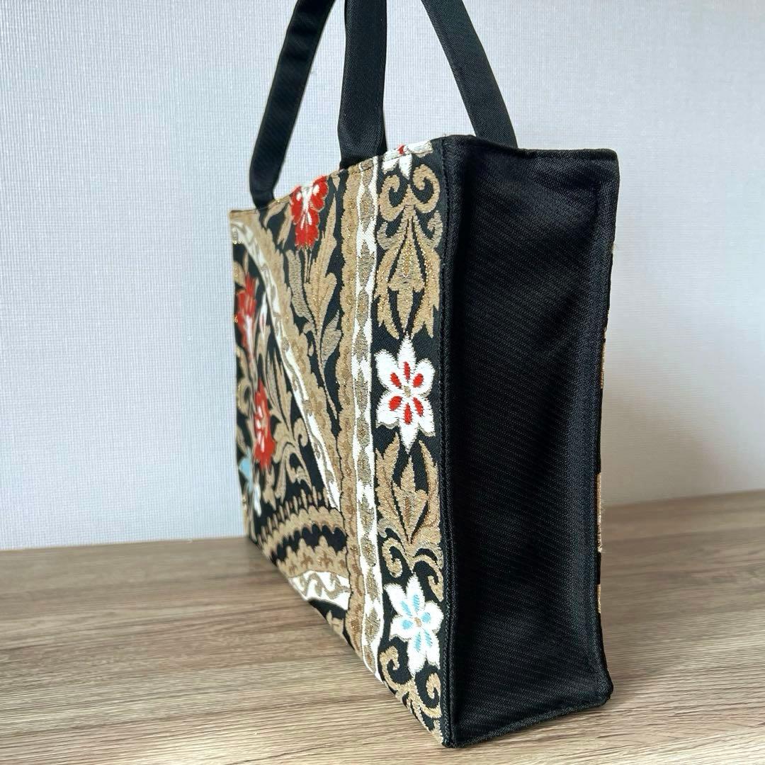 黒金に咲く朱橙の花 帯リメイク 正絹 一点物 卒業式 入学式 フォーマル バッグ
