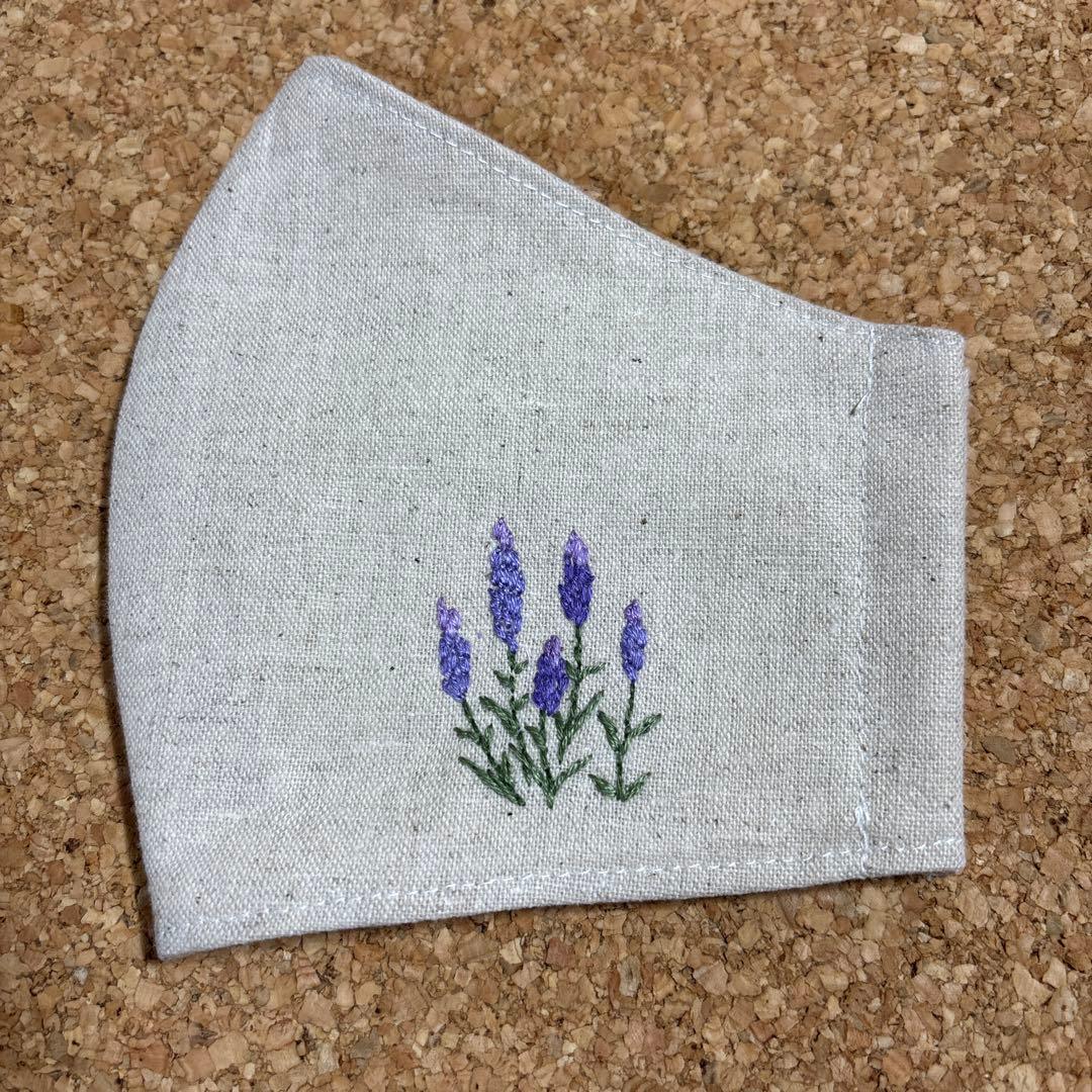 ラベンダー　花刺繍入　マスク　ハンドメイド