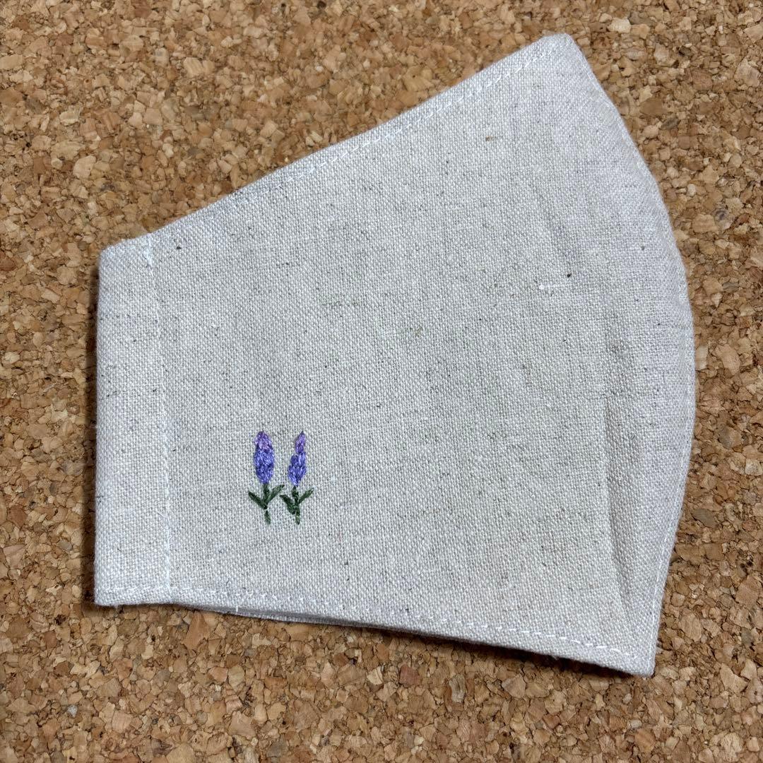 ラベンダー　花刺繍入　マスク　ハンドメイド