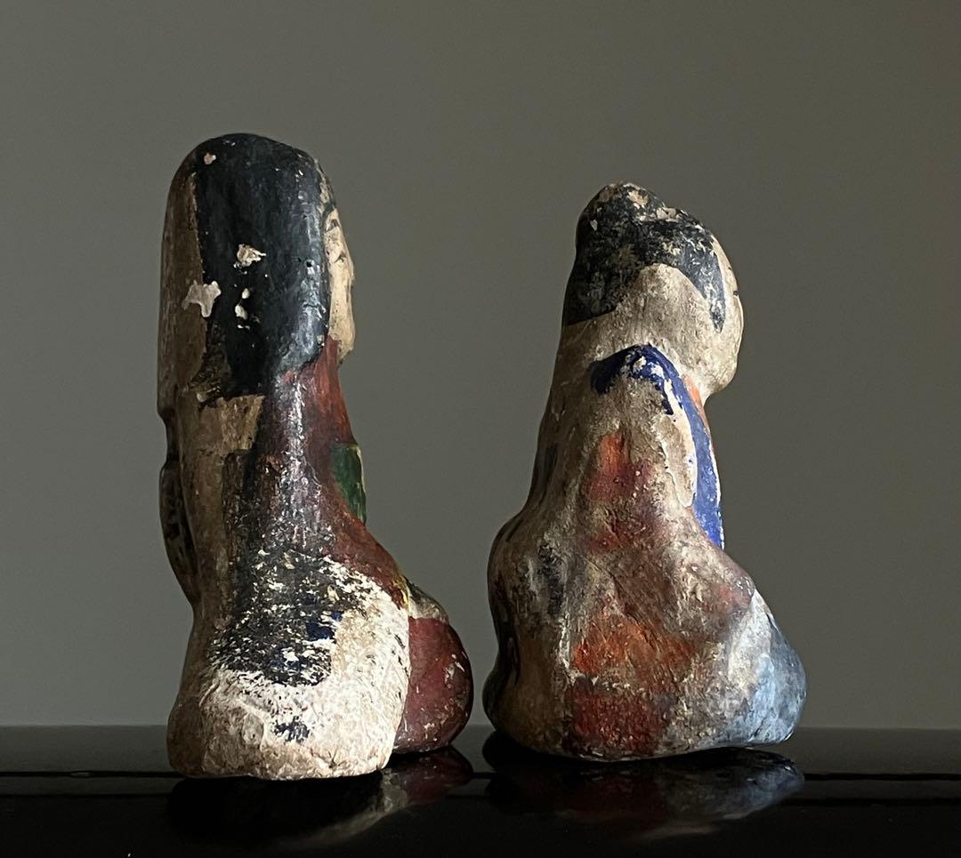 【古い鳴り人形 一対 土人形 約7㎝ 明治〜大正頃】 民間信仰郷土玩具民藝雛人形