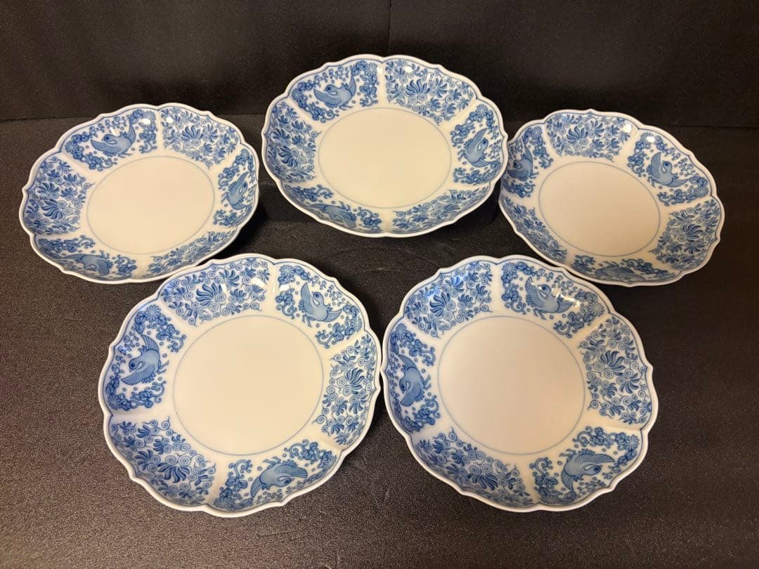 19.5cm 美品　深川製磁 染付 花鳥唐草文　中皿　５客
