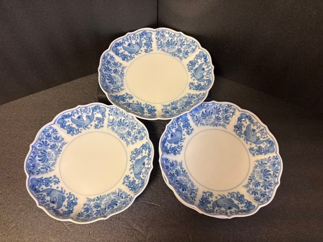 19.5cm 美品　深川製磁 染付 花鳥唐草文　中皿　５客
