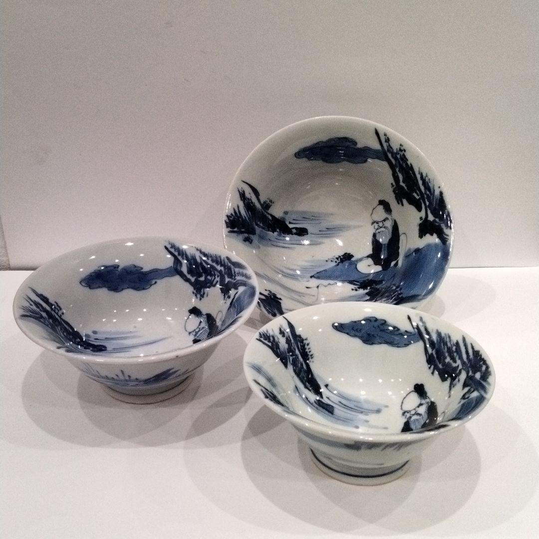 M398-5 江戸時代 古伊万里 染付山水仙人人物文 三種大丼鉢 大茶碗
