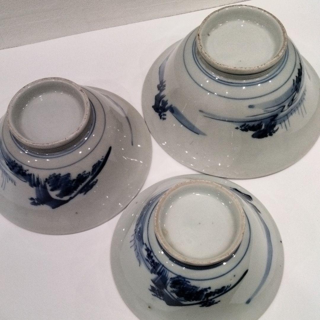 M398-5 江戸時代 古伊万里 染付山水仙人人物文 三種大丼鉢 大茶碗