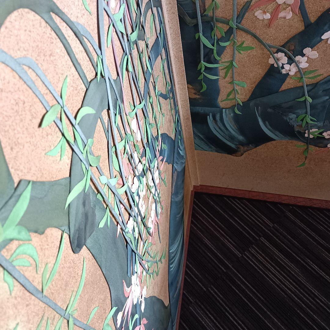 豪華 押し絵屏風 2曲 桜・柳図 立体細工 店舗什器 施設 和室インテリア