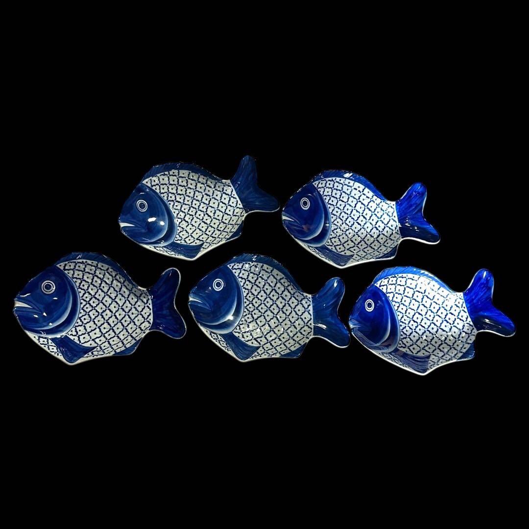 (五客揃え) 鯛型 染付 懐石料理 直径30cm 和食器 時代物