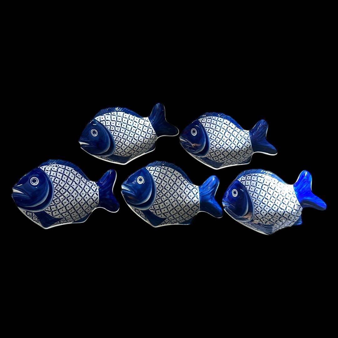 (五客揃え) 鯛型 染付 懐石料理 直径30cm 和食器 時代物