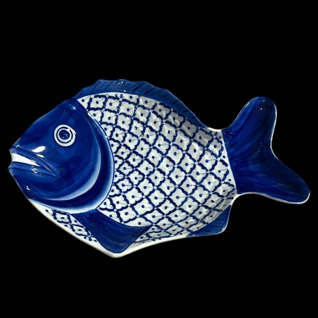 (五客揃え) 鯛型 染付 懐石料理 直径30cm 和食器 時代物