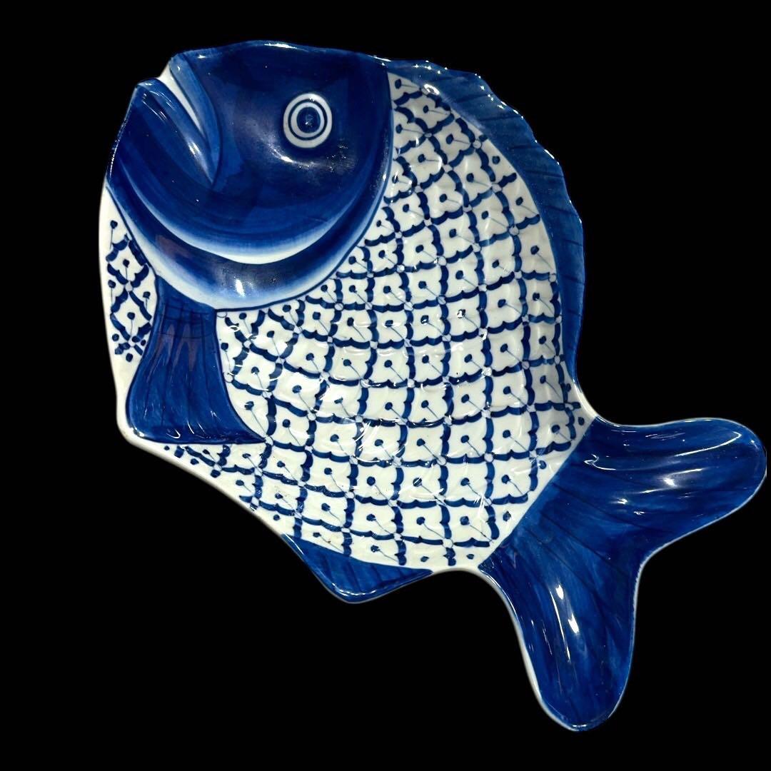 (五客揃え) 鯛型 染付 懐石料理 直径30cm 和食器 時代物