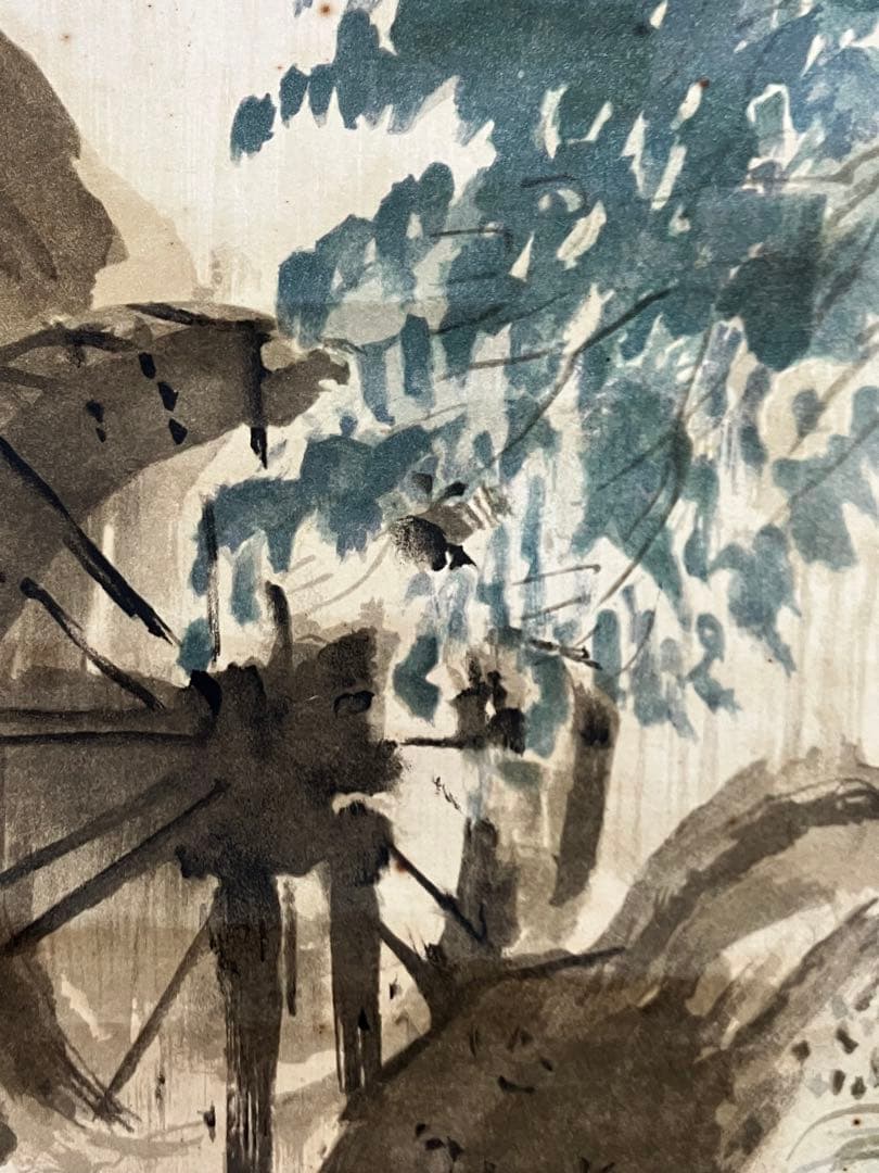 掛け軸 作:川合玉堂 題:清陰釣客水車新緑 双幅 掛軸 茶掛