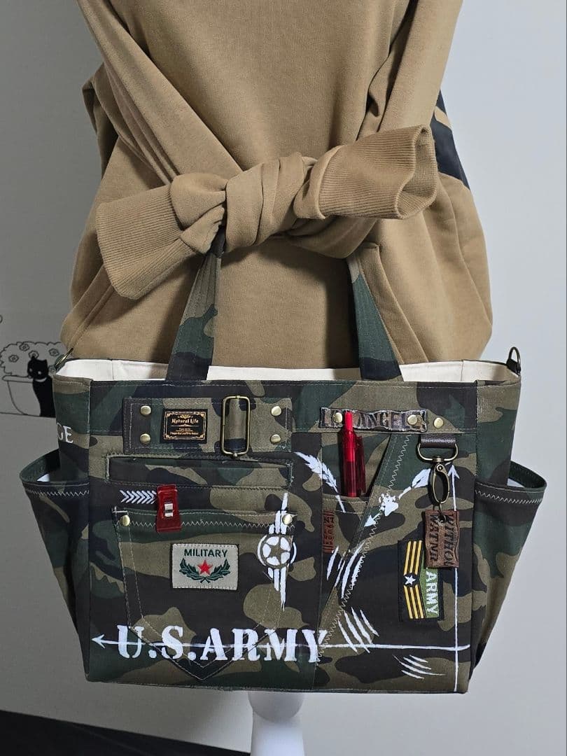 デニムリメイクトートバッグ 迷彩 ARMY
