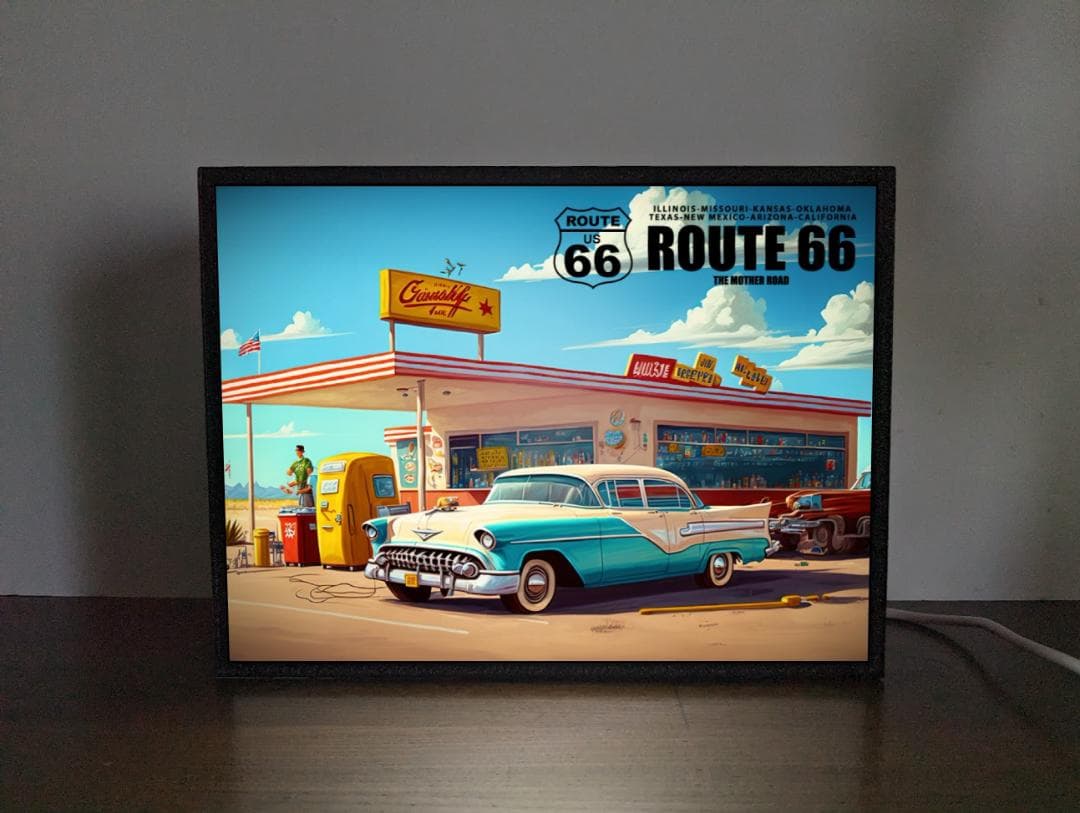 ルート66 アメ車 ガソリンスタンド 看板 置物 アメリカン雑貨 ライトBOX