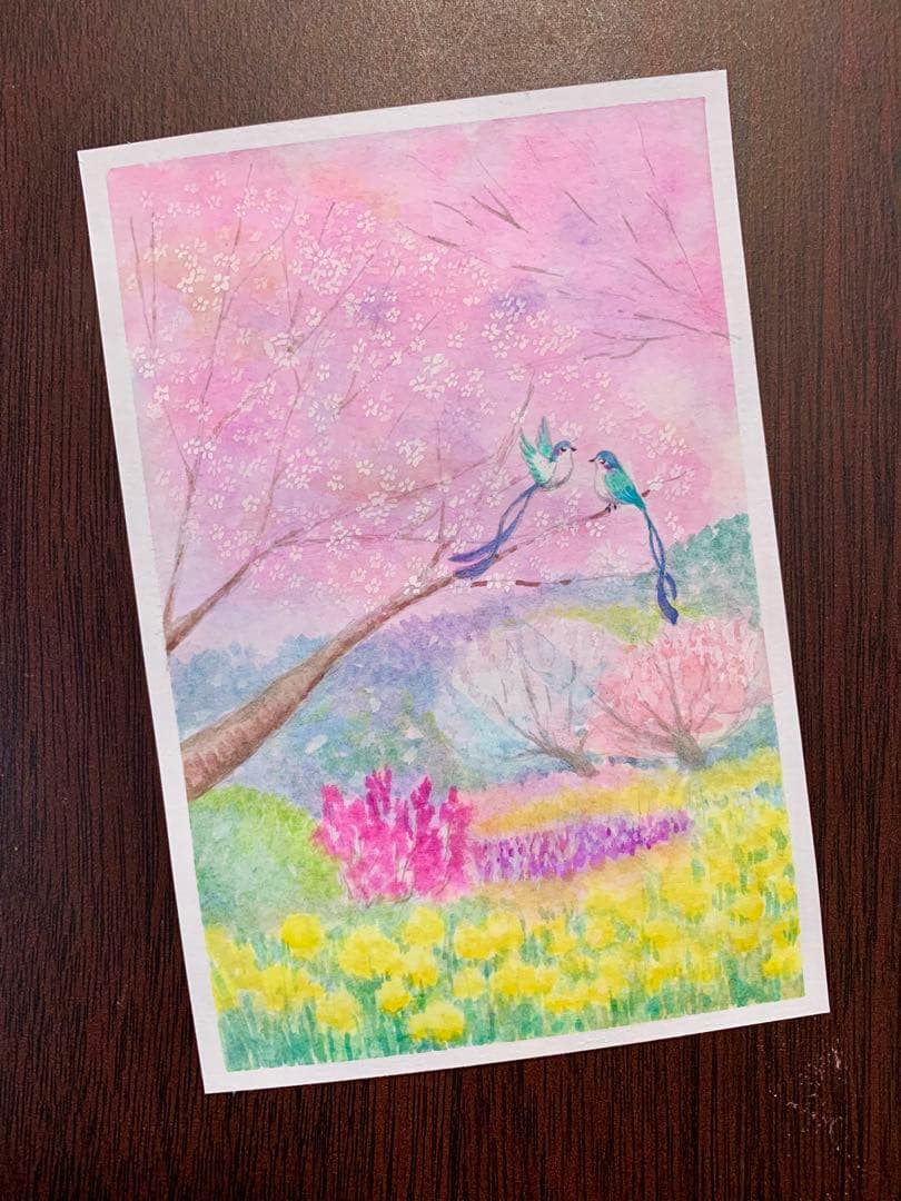 みみ水彩画　野山の春　値段は※900円です