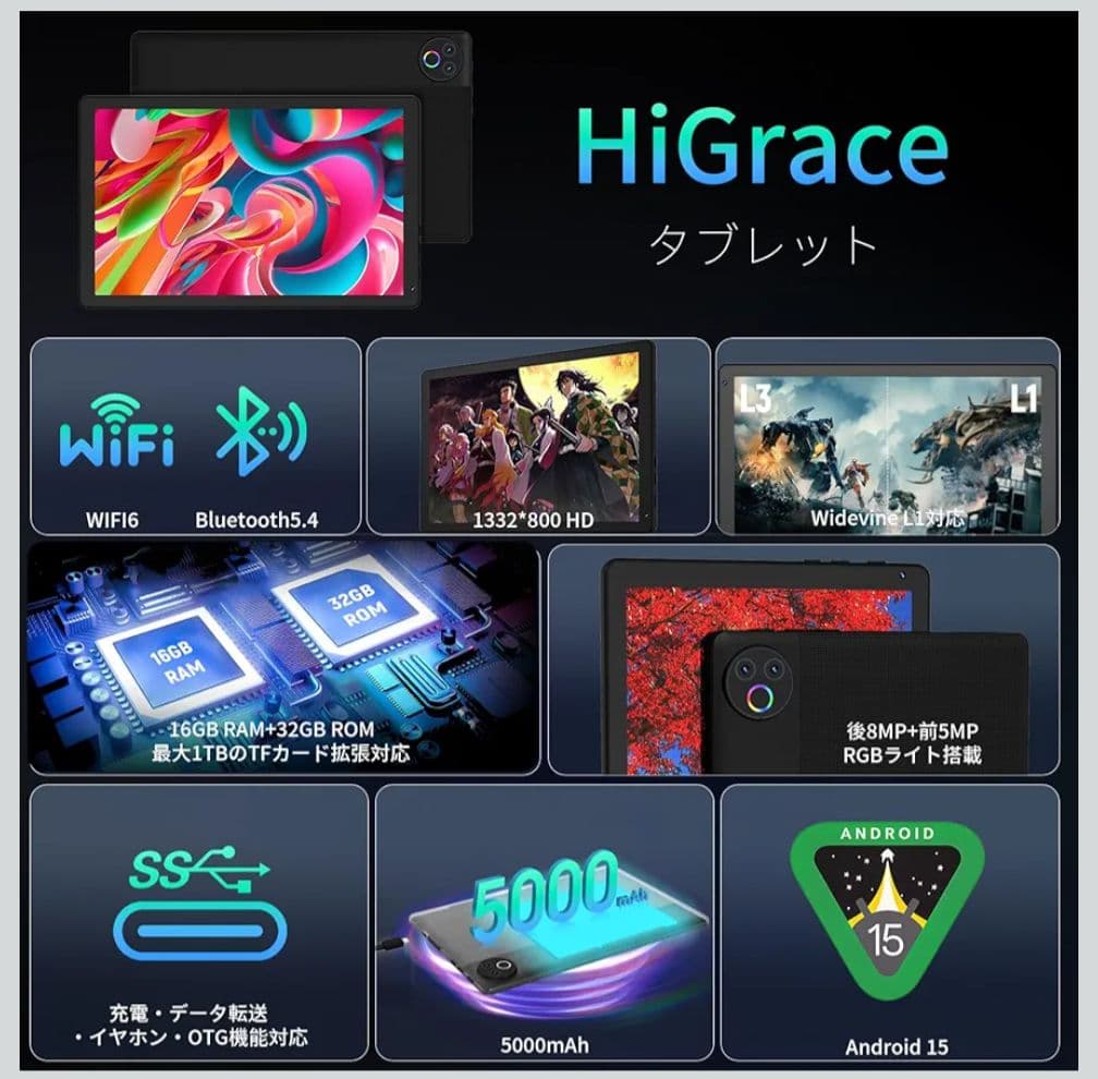 HiGrace 10インチ Android15 タブレット本体