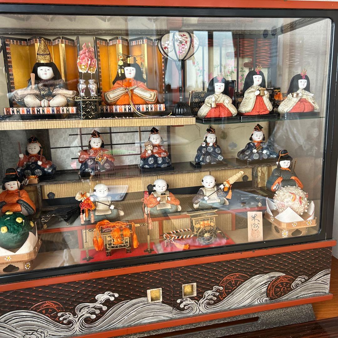 初代米州木目込み雛人形セット 15体 木製飾り台付き　昭和レトロ