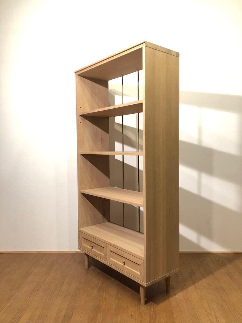 工房製作 オーク無垢 楢無垢材 本棚 飾り棚 真鍮 ホワイトオイル仕上 店舗什器