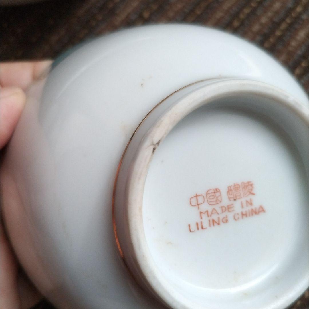 デッドストック　中国製造／中国醴陵　帝華柄水色　丼・茶碗・れんげセット