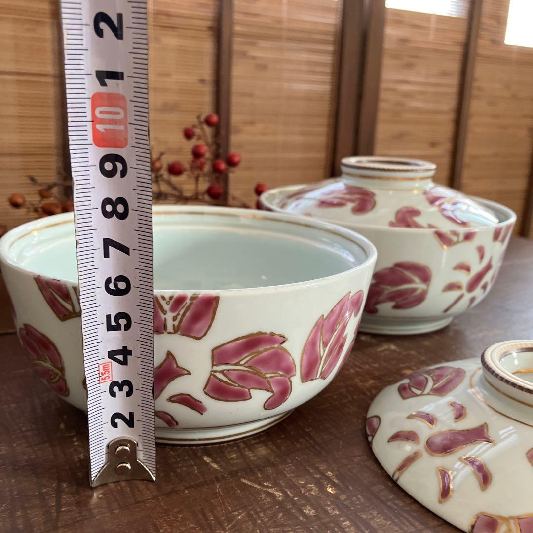 珍品　希少　角福　丼　蓋付き　ピンク　2個セット　ヴィンテージ　骨董　紅釉