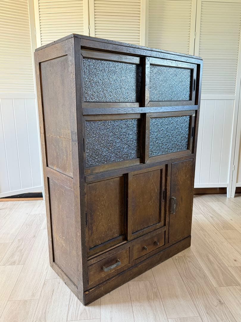 昭和レトロ 水屋箪笥 希少 ダイヤガラス 戸棚 キャビネット 古民具