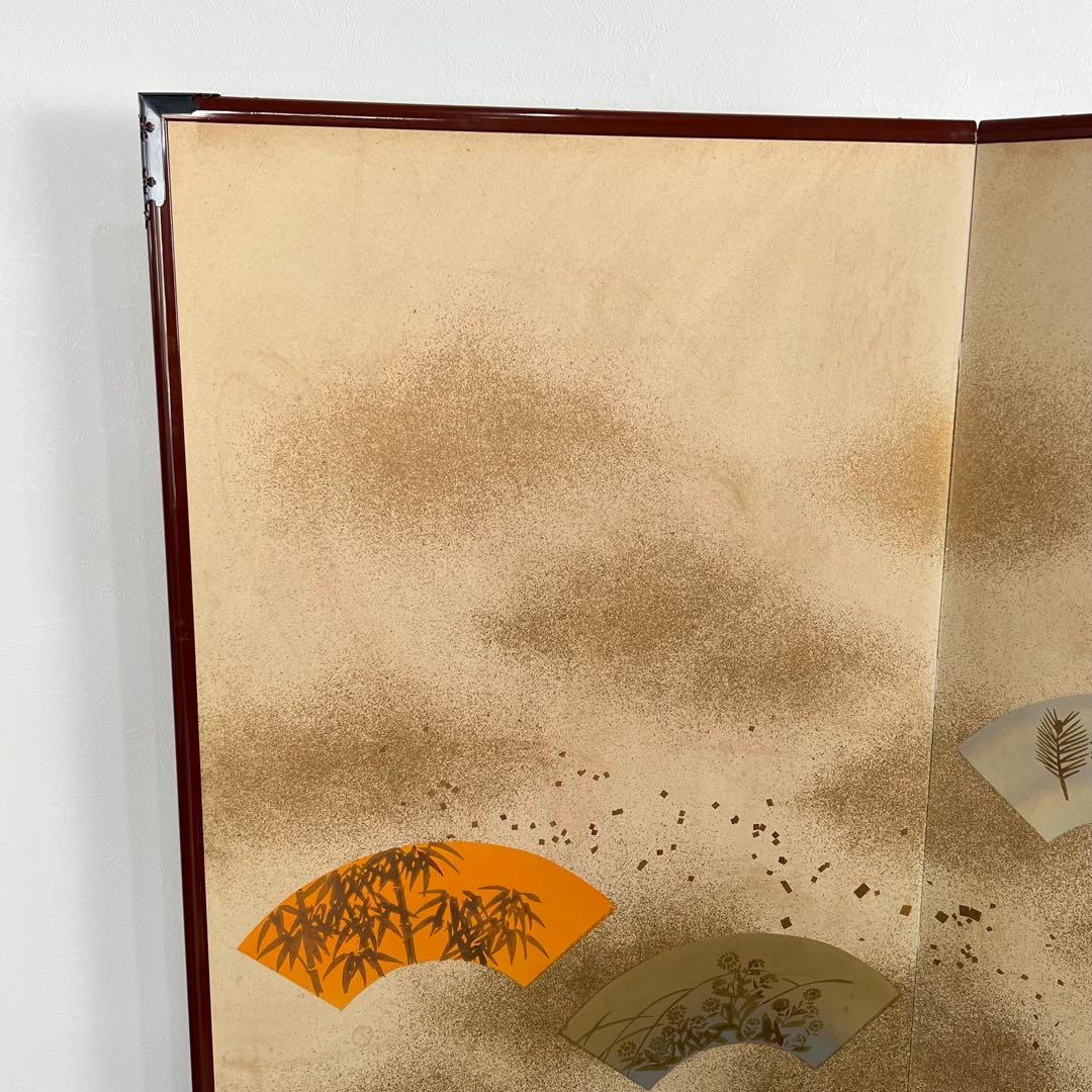 美品 扇柄屏風 ベージュ系 屏風絵 ヴィンテージ品 二扇