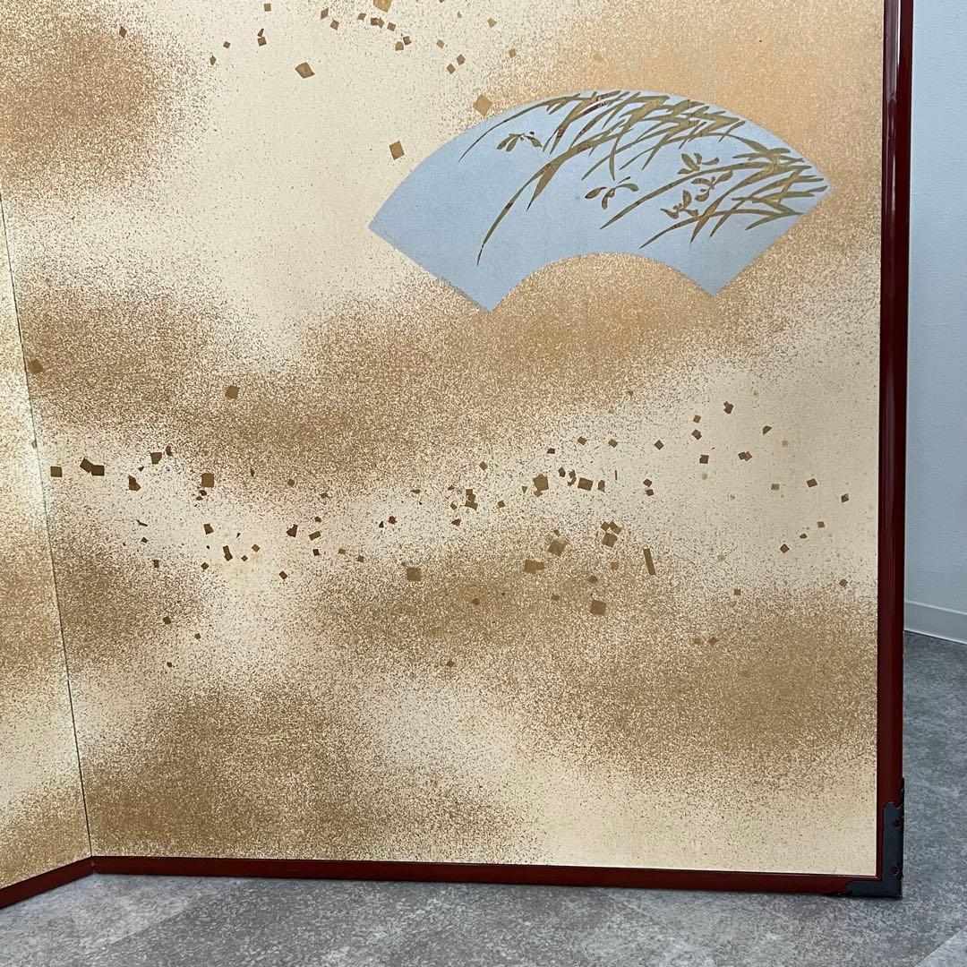 美品 扇柄屏風 ベージュ系 屏風絵 ヴィンテージ品 二扇