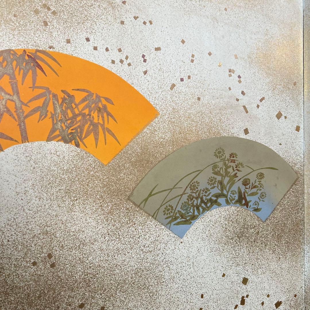 美品 扇柄屏風 ベージュ系 屏風絵 ヴィンテージ品 二扇