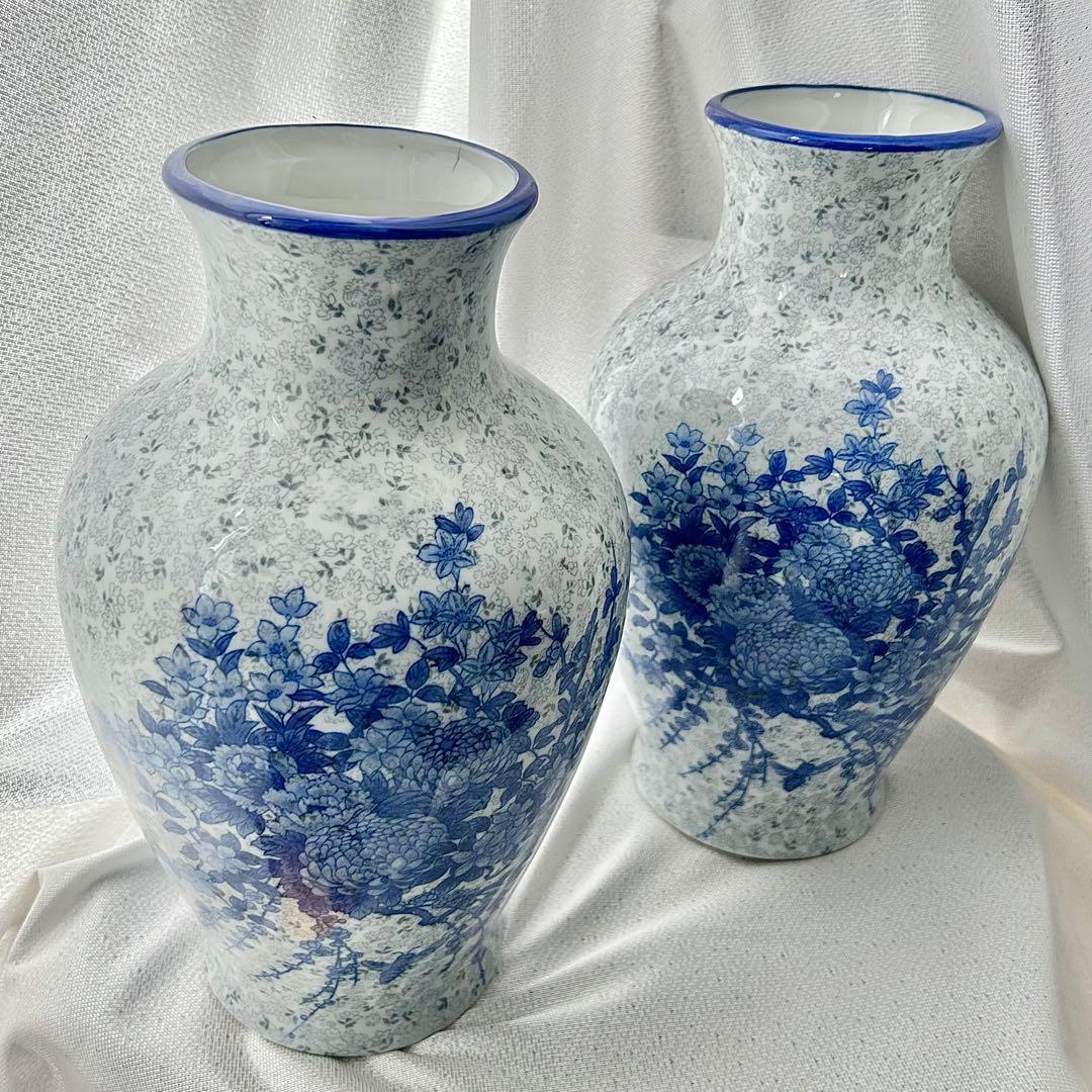 【miyuu vintage】ブルー花柄 花瓶 花器 フラワーベース 2点セット